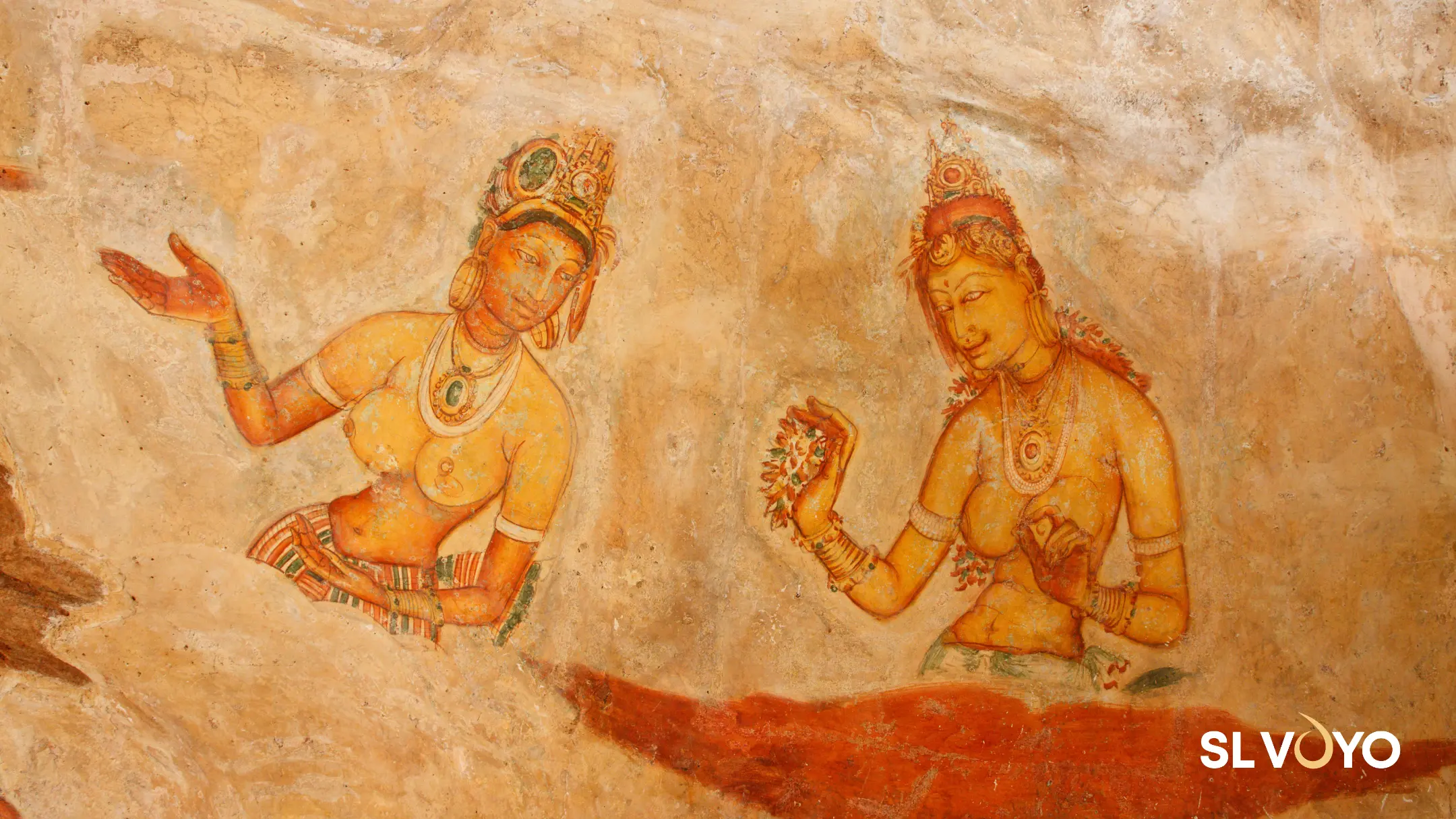 Ancient Sigiriya frescoes painted on the rock walls