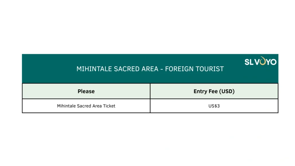 Mihinthale Rock pricing table