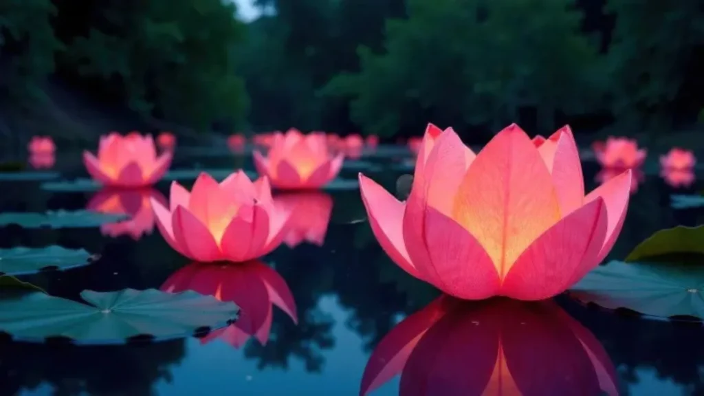 Glowing pink lotus-shaped Vesak lanterns