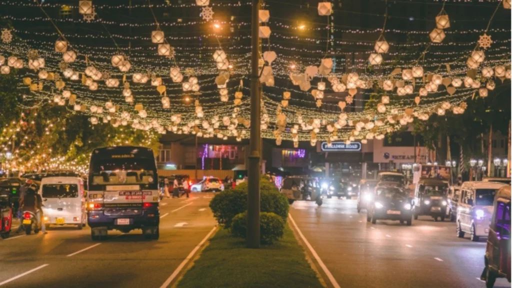 Streets decorated with colourful Vesak lights