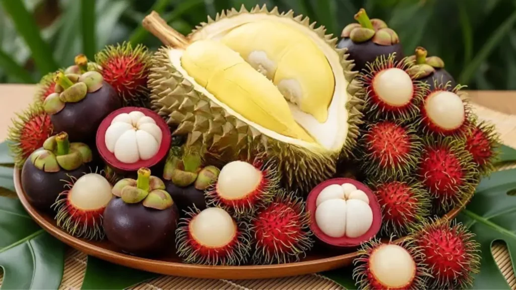 A beautifully arranged basket of tropical Sri Lankan fruits