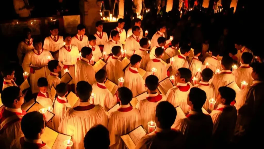 Groups of children and families singing carols
